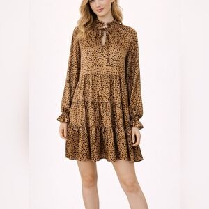 MERITT Satin Leopard Cheetah Print Tiered Ruffle High Neck Keyhole Dress
